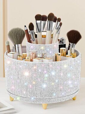 Diamond Look Bling 2 Tier Round Rotating Makeup Brush Holder